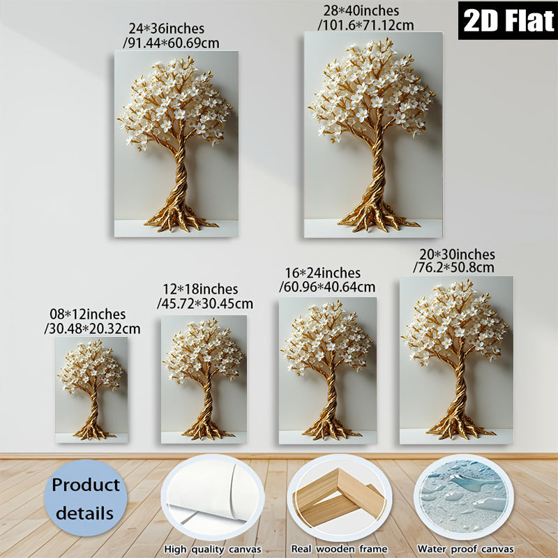2D flat 1pc Gold Floral Tree Wall Art Modern Botanical Decor Living Room Bedroom Home Office Gallery Wrapped Canvas Prints Cozy Farmhouse Style