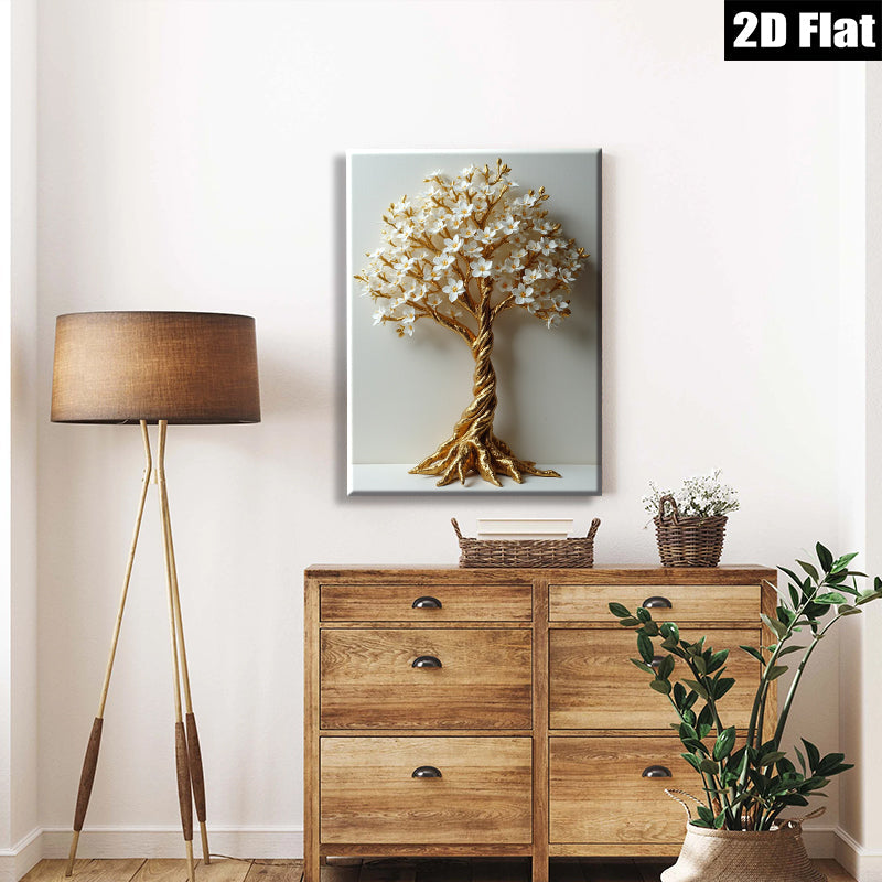 2D flat 1pc Gold Floral Tree Wall Art Modern Botanical Decor Living Room Bedroom Home Office Gallery Wrapped Canvas Prints Cozy Farmhouse Style
