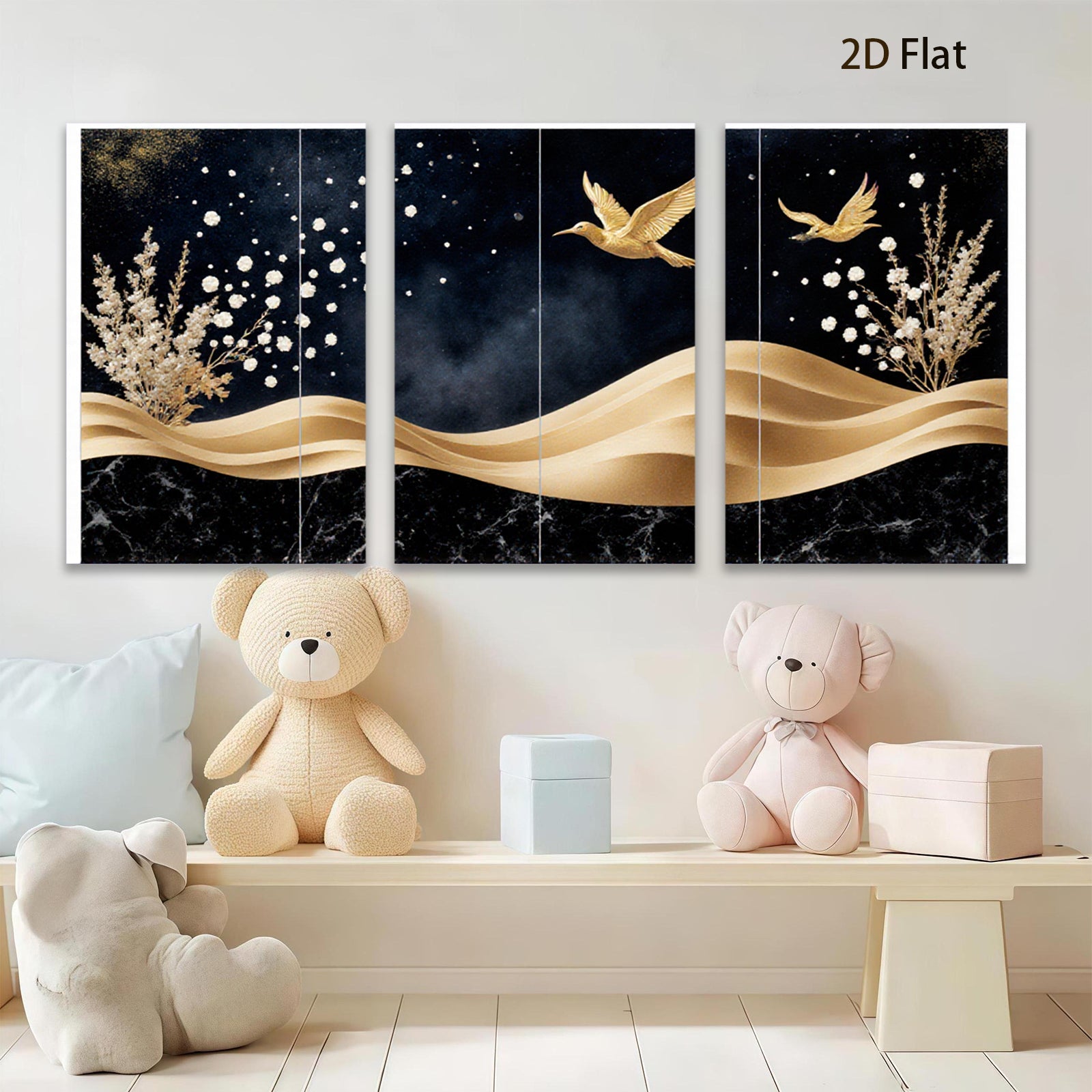 2D flat 1pc Golden Birds Floral Wall Art Canvas Prints Modern Farmhouse Decor Living Room Bedroom Bathroom Home Office Gallery Wrapped Timeless Elegance Ready To Hang