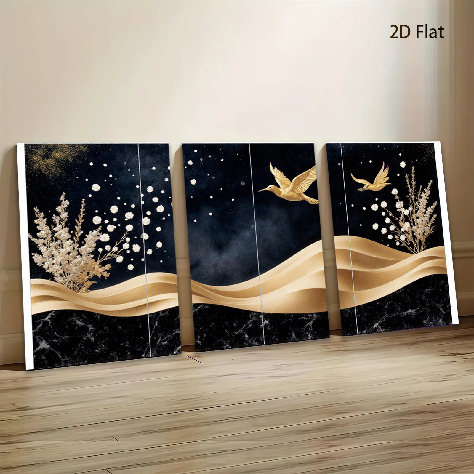 2D flat 1pc Golden Birds Floral Wall Art Canvas Prints Modern Farmhouse Decor Living Room Bedroom Bathroom Home Office Gallery Wrapped Timeless Elegance Ready To Hang