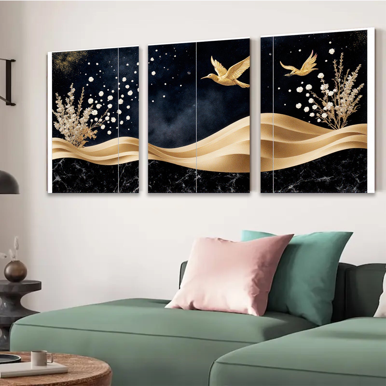 2D flat 1pc Golden Birds Floral Wall Art Canvas Prints Modern Farmhouse Decor Living Room Bedroom Bathroom Home Office Gallery Wrapped Timeless Elegance Ready To Hang
