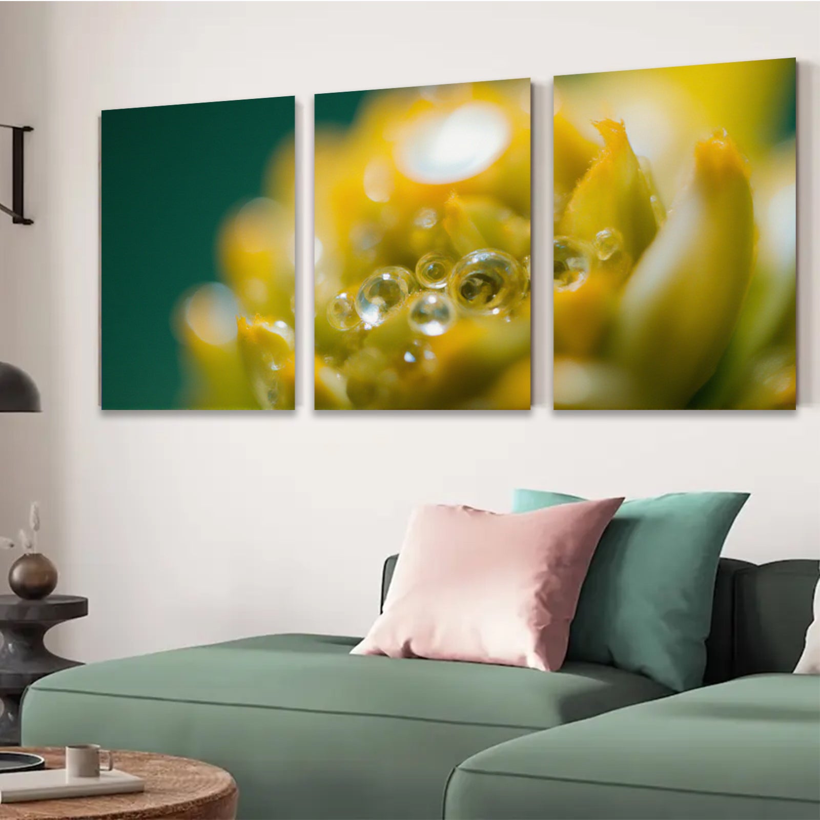 2D flat 1pc Golden Bloom Dew Drops Botanical Wall Art Living Room Bedroom Decor Farmhouse Style Gallery Wrapped Canvas Prints Modern Minimalist Artwork