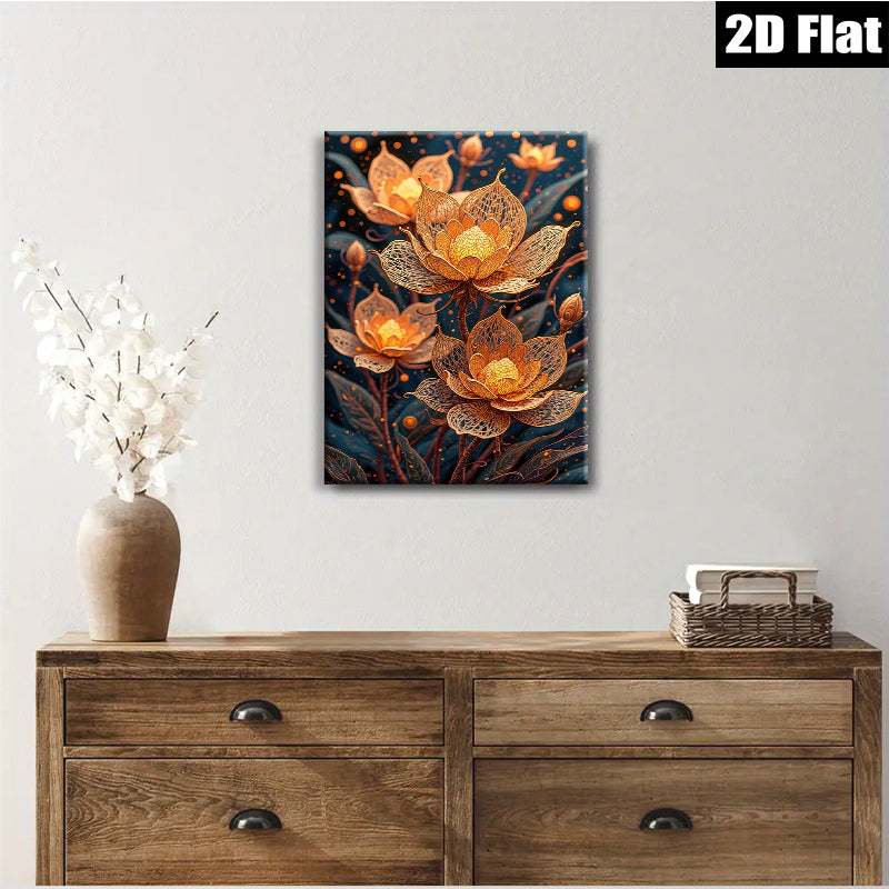 2D flat 1pc Golden Bloom Floral Art Canvas Wall Decor Living Room Bedroom Modern Farmhouse Style Gallery Wrapped Ready to Hang