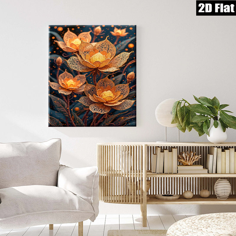 2D flat 1pc Golden Bloom Floral Art Canvas Wall Decor Living Room Bedroom Modern Farmhouse Style Gallery Wrapped Ready to Hang