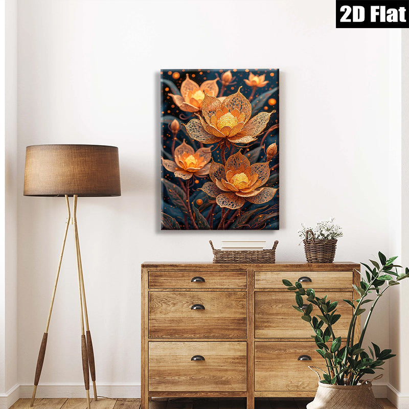 2D flat 1pc Golden Bloom Floral Art Canvas Wall Decor Living Room Bedroom Modern Farmhouse Style Gallery Wrapped Ready to Hang