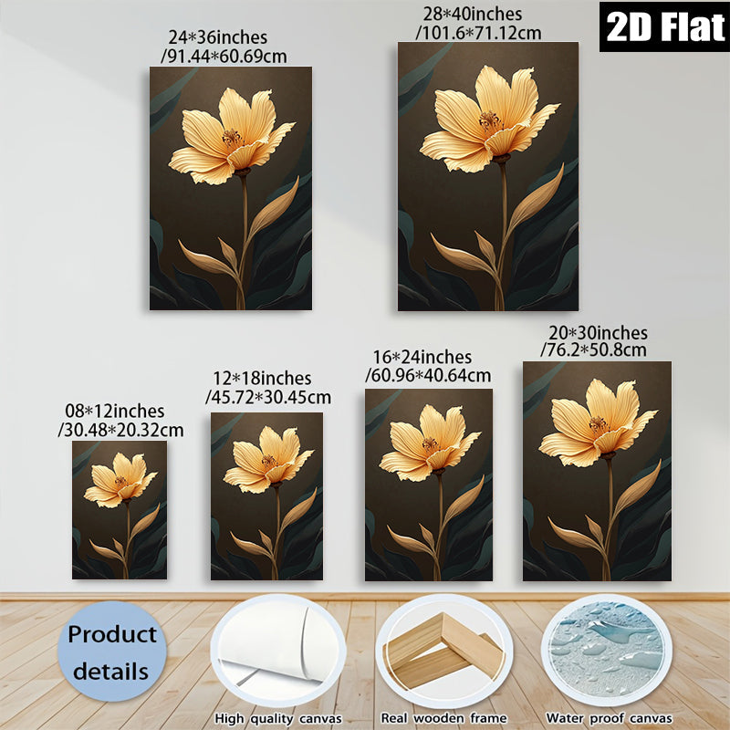 2D flat 1pc Golden Bloom Floral Wall Art Canvas Print Modern Farmhouse Decor Living Room Bedroom Bathroom Gallery Wrapped Timeless Elegance Ready to Hang