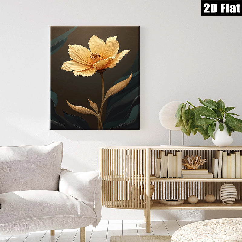 2D flat 1pc Golden Bloom Floral Wall Art Canvas Print Modern Farmhouse Decor Living Room Bedroom Bathroom Gallery Wrapped Timeless Elegance Ready to Hang