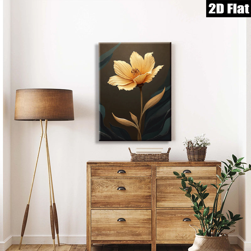 2D flat 1pc Golden Bloom Floral Wall Art Canvas Print Modern Farmhouse Decor Living Room Bedroom Bathroom Gallery Wrapped Timeless Elegance Ready to Hang