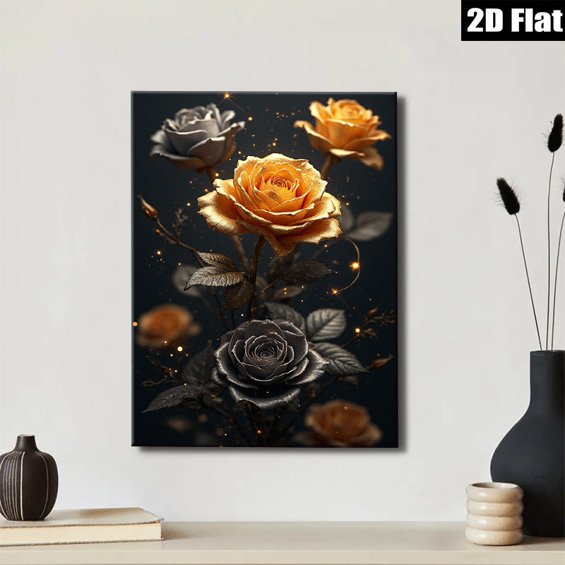 2D flat 1pc Golden Bloom Floral Wall Art Canvas Prints for Living Room Bedroom Home Decor Modern Farmhouse Style Gallery Wrapped Timeless Elegance