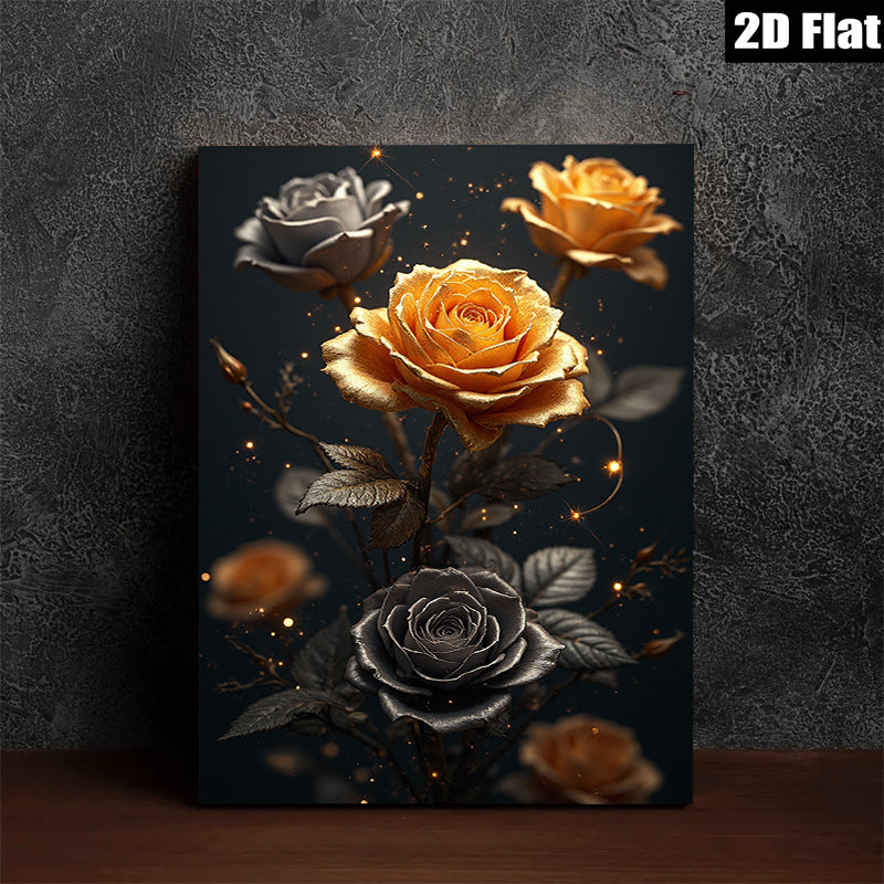 2D flat 1pc Golden Bloom Floral Wall Art Canvas Prints for Living Room Bedroom Home Decor Modern Farmhouse Style Gallery Wrapped Timeless Elegance