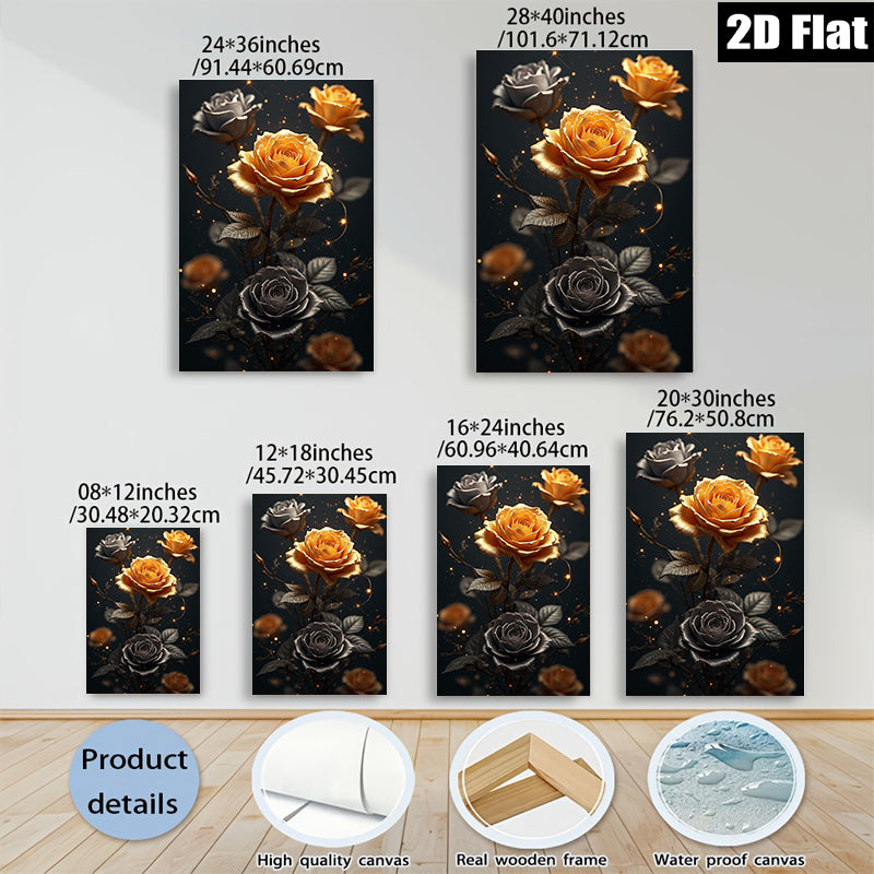 2D flat 1pc Golden Bloom Floral Wall Art Canvas Prints for Living Room Bedroom Home Decor Modern Farmhouse Style Gallery Wrapped Timeless Elegance