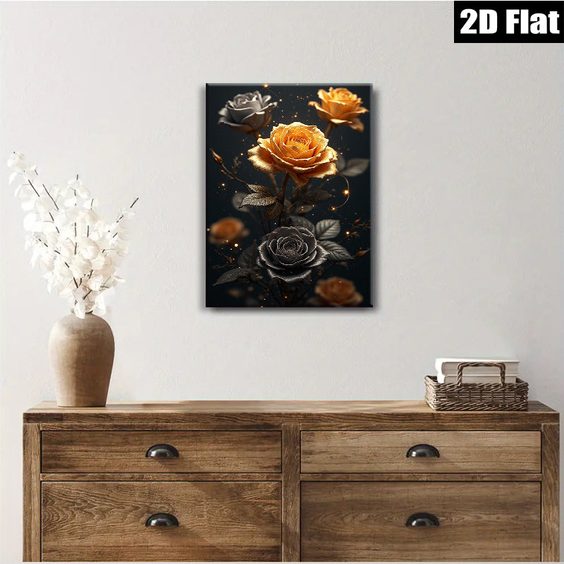 2D flat 1pc Golden Bloom Floral Wall Art Canvas Prints for Living Room Bedroom Home Decor Modern Farmhouse Style Gallery Wrapped Timeless Elegance