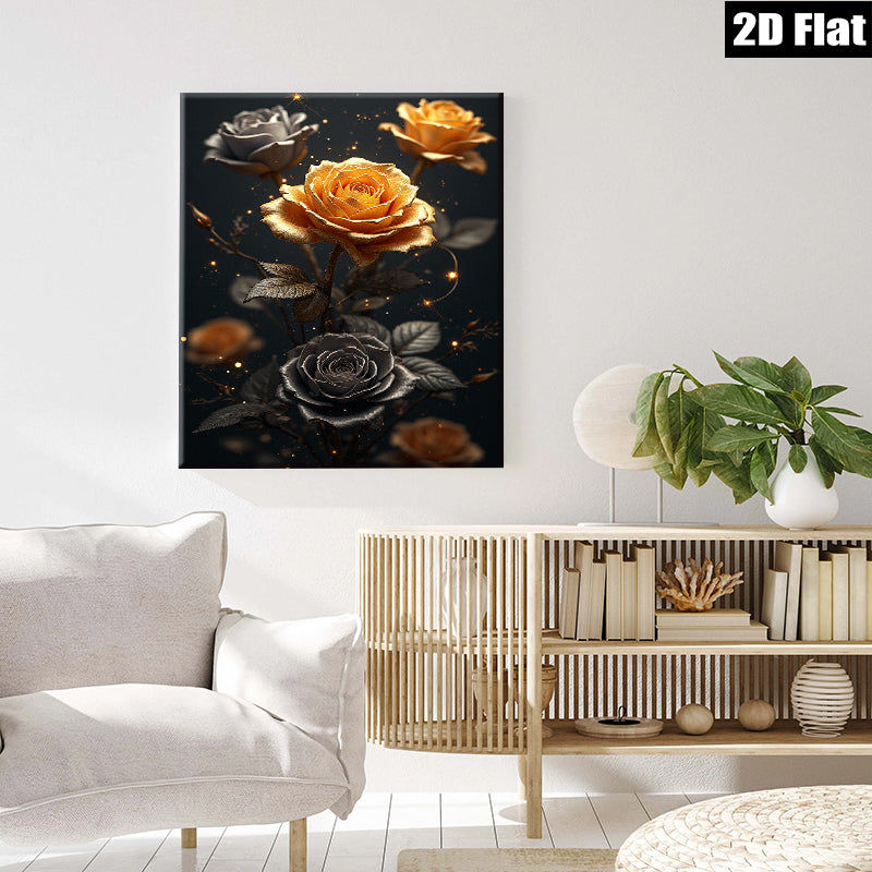 2D flat 1pc Golden Bloom Floral Wall Art Canvas Prints for Living Room Bedroom Home Decor Modern Farmhouse Style Gallery Wrapped Timeless Elegance