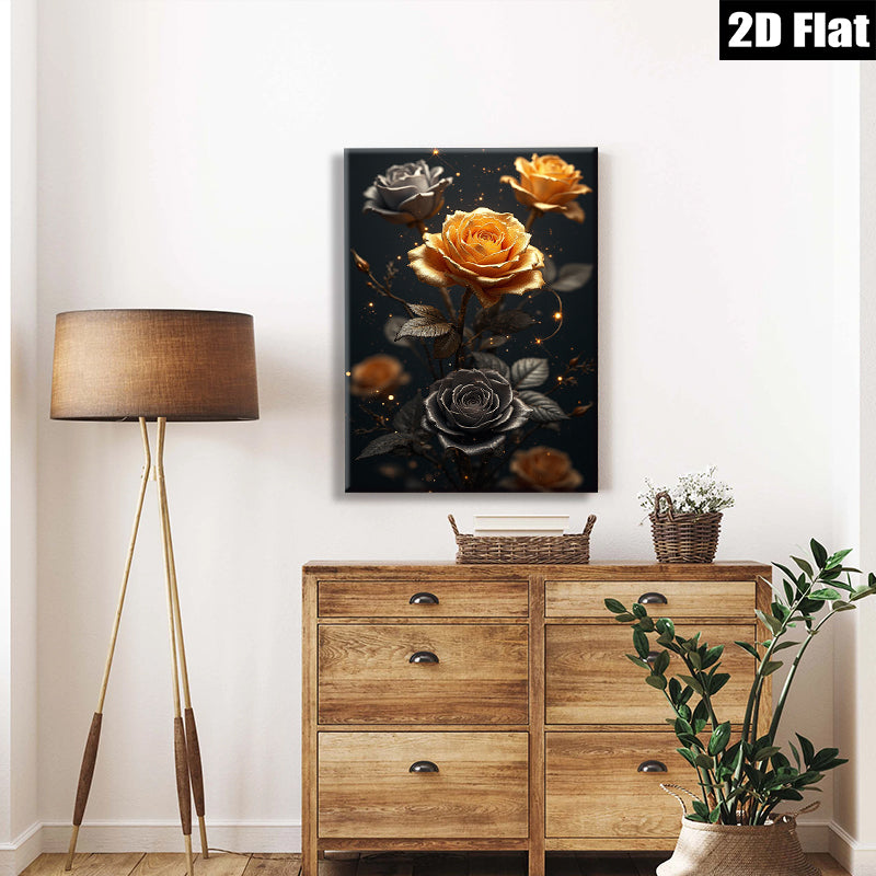 2D flat 1pc Golden Bloom Floral Wall Art Canvas Prints for Living Room Bedroom Home Decor Modern Farmhouse Style Gallery Wrapped Timeless Elegance