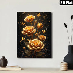 2D flat 1pc Golden Bloom Floral Wall Art Decor Living Room Bedroom Modern Farmhouse Gallery Wrapped Canvas Prints Ready to Hang Chic Home D��cor