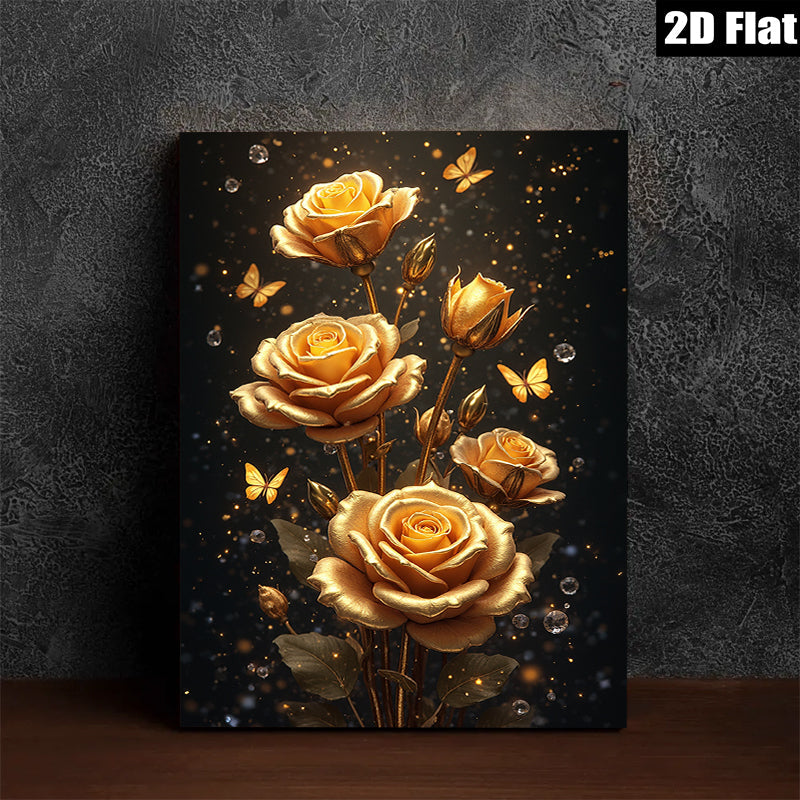 2D flat 1pc Golden Bloom Floral Wall Art Decor Living Room Bedroom Modern Farmhouse Gallery Wrapped Canvas Prints Ready to Hang Chic Home D��cor
