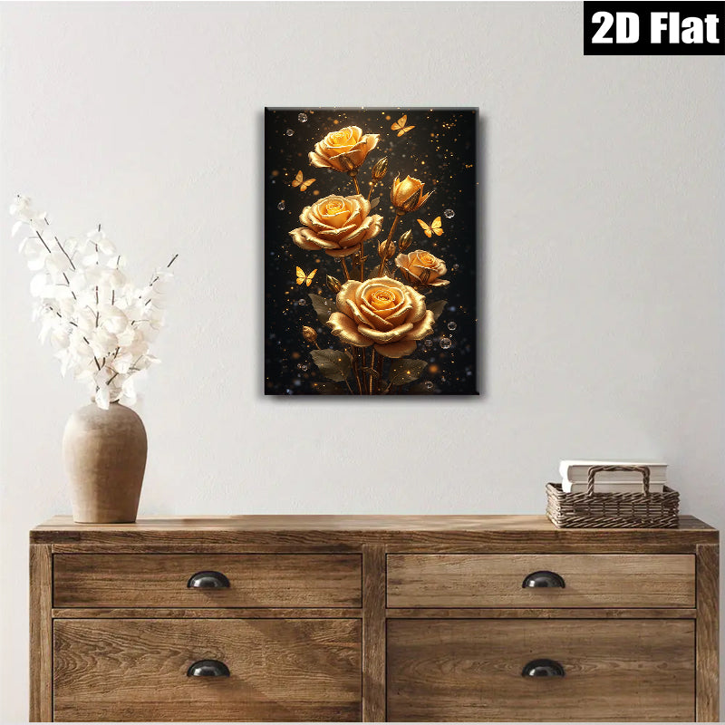 2D flat 1pc Golden Bloom Floral Wall Art Decor Living Room Bedroom Modern Farmhouse Gallery Wrapped Canvas Prints Ready to Hang Chic Home D��cor