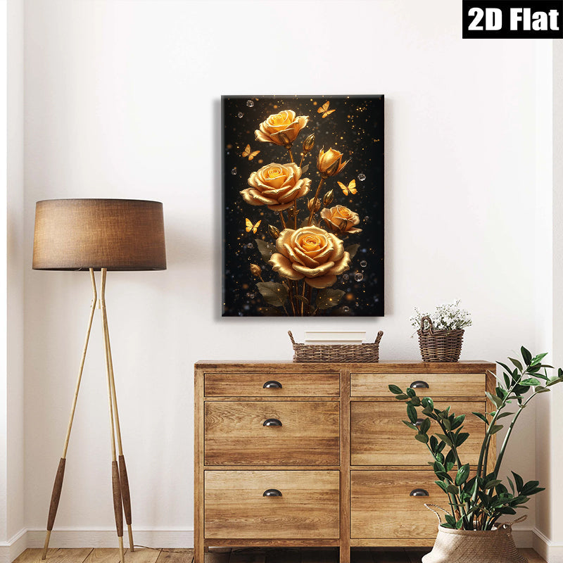 2D flat 1pc Golden Bloom Floral Wall Art Decor Living Room Bedroom Modern Farmhouse Gallery Wrapped Canvas Prints Ready to Hang Chic Home D��cor