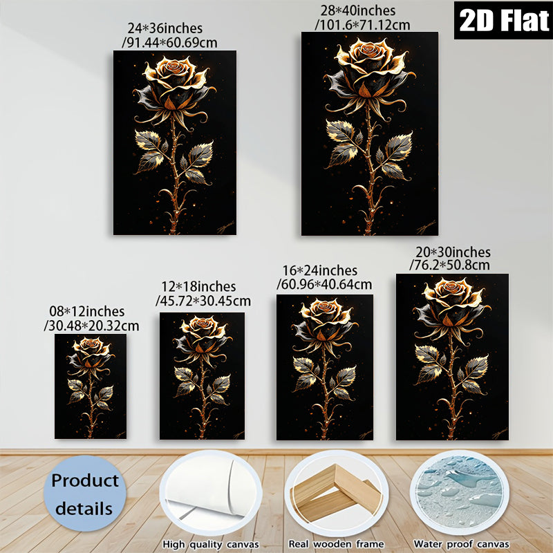 2D flat 1pc Golden Bloom Rose Wall Art Canvas Prints for Living Room Bedroom Home Decor Farmhouse Style Modern Artwork Gallery Wrapped Ready to Hang