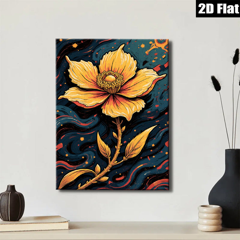 2D flat 1pc Golden Botanical Bloom Wall Art Modern Farmhouse Decor Living Room Bedroom Gallery Wrapped Canvas Prints for Home Decoration Stylish Accent Piece