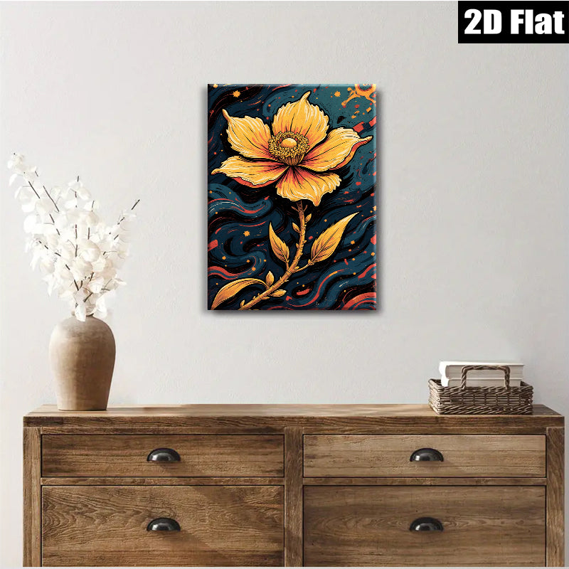 2D flat 1pc Golden Botanical Bloom Wall Art Modern Farmhouse Decor Living Room Bedroom Gallery Wrapped Canvas Prints for Home Decoration Stylish Accent Piece
