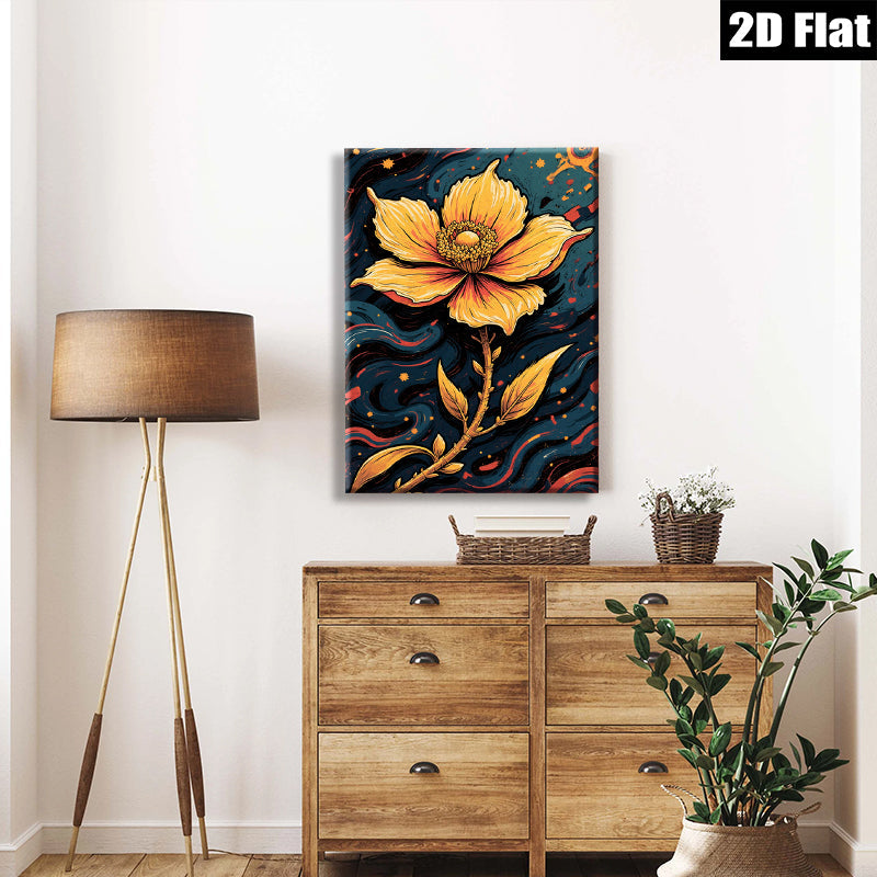 2D flat 1pc Golden Botanical Bloom Wall Art Modern Farmhouse Decor Living Room Bedroom Gallery Wrapped Canvas Prints for Home Decoration Stylish Accent Piece