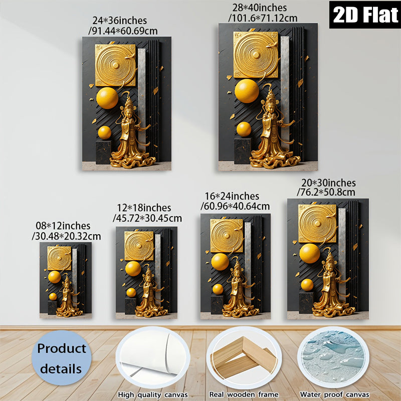 2D flat 1pc Golden Buddha Statue Modern Wall Art Living Room Bedroom Home Decor Gallery Wrapped Canvas Print Ready to Hang Farmhouse Style