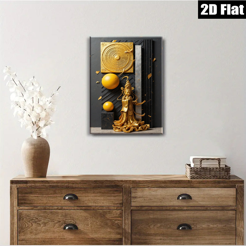 2D flat 1pc Golden Buddha Statue Modern Wall Art Living Room Bedroom Home Decor Gallery Wrapped Canvas Print Ready to Hang Farmhouse Style