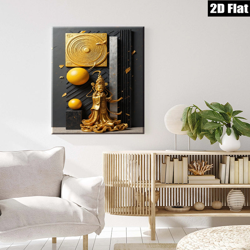 2D flat 1pc Golden Buddha Statue Modern Wall Art Living Room Bedroom Home Decor Gallery Wrapped Canvas Print Ready to Hang Farmhouse Style