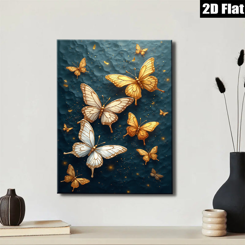 2D flat 1pc Golden Butterflies Wall Art Canvas Prints for Living Room Bedroom Home Decor Modern Farmhouse Style Gallery Wrapped Timeless Elegance