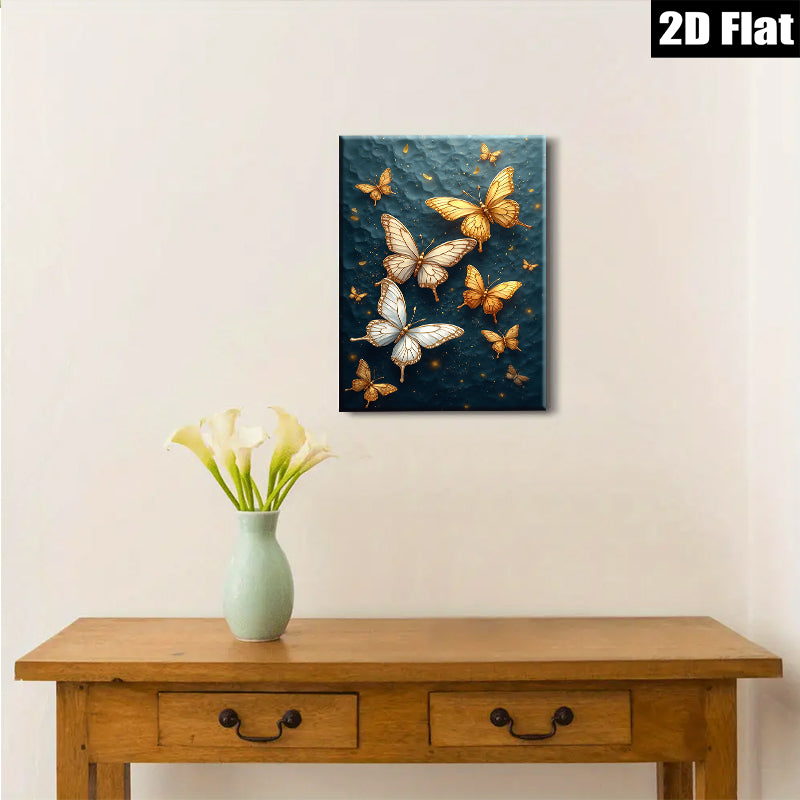 2D flat 1pc Golden Butterflies Wall Art Canvas Prints for Living Room Bedroom Home Decor Modern Farmhouse Style Gallery Wrapped Timeless Elegance