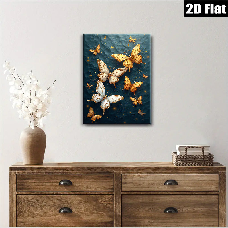 2D flat 1pc Golden Butterflies Wall Art Canvas Prints for Living Room Bedroom Home Decor Modern Farmhouse Style Gallery Wrapped Timeless Elegance