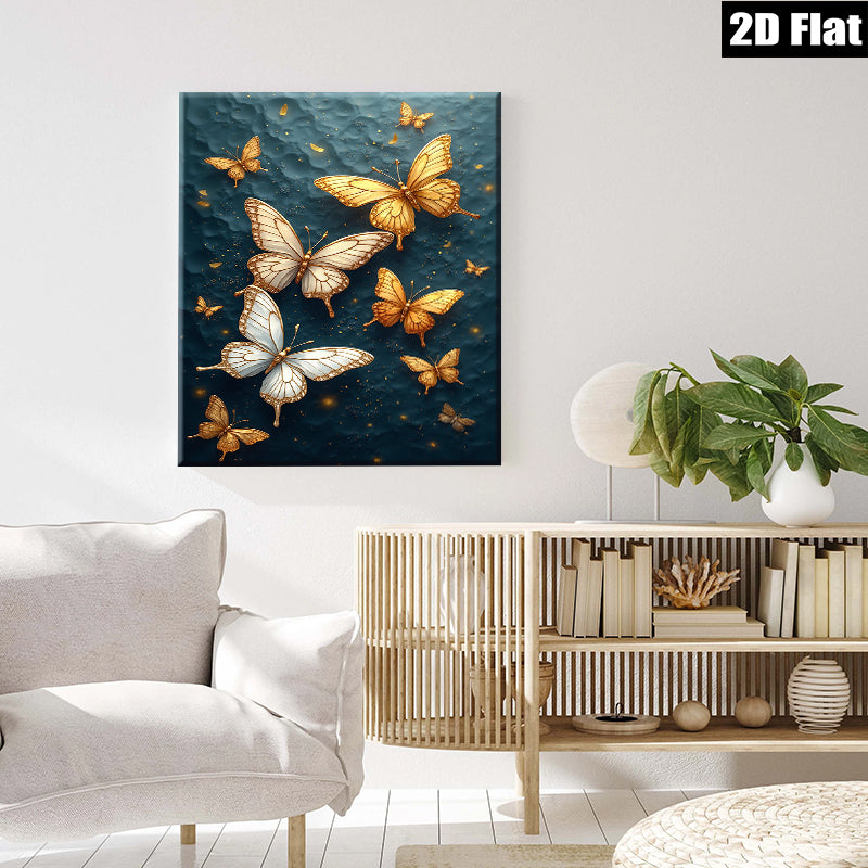 2D flat 1pc Golden Butterflies Wall Art Canvas Prints for Living Room Bedroom Home Decor Modern Farmhouse Style Gallery Wrapped Timeless Elegance