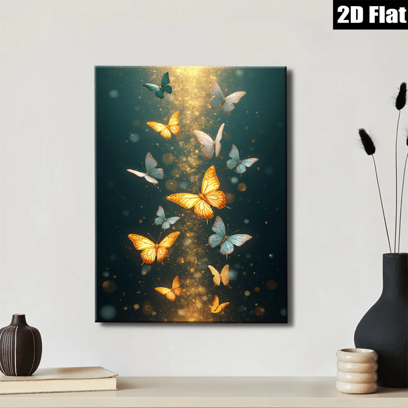 2D flat 1pc Golden Butterfly Flight Wall Art Decor for Living Room Bedroom Modern Farmhouse Aesthetic Gallery Wrapped Canvas Prints Ready to Hang