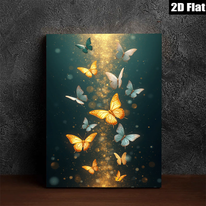 2D flat 1pc Golden Butterfly Flight Wall Art Decor for Living Room Bedroom Modern Farmhouse Aesthetic Gallery Wrapped Canvas Prints Ready to Hang