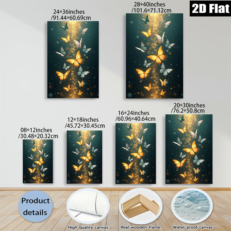 2D flat 1pc Golden Butterfly Flight Wall Art Decor for Living Room Bedroom Modern Farmhouse Aesthetic Gallery Wrapped Canvas Prints Ready to Hang