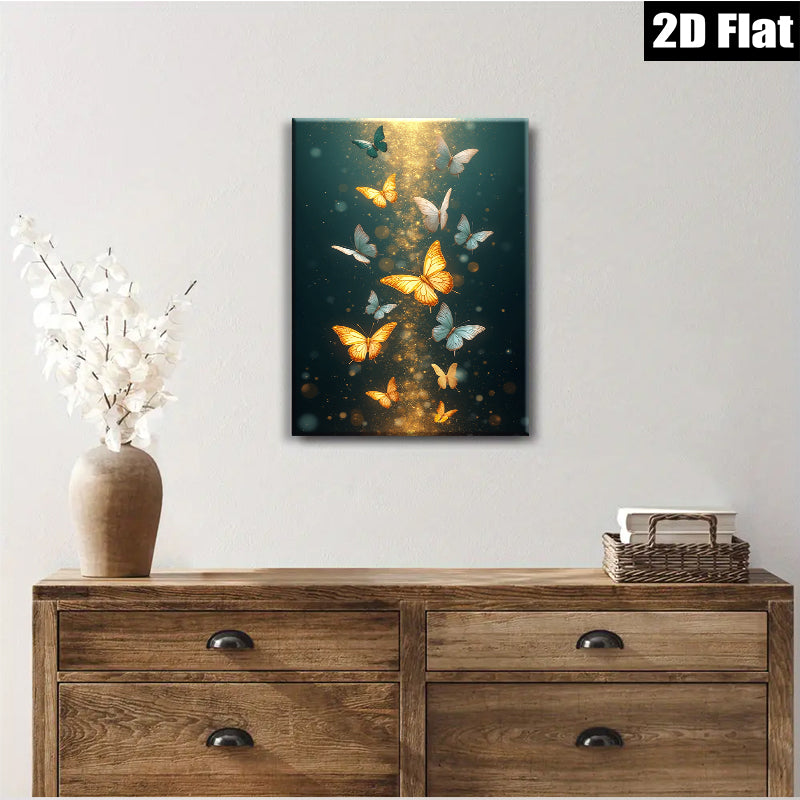 2D flat 1pc Golden Butterfly Flight Wall Art Decor for Living Room Bedroom Modern Farmhouse Aesthetic Gallery Wrapped Canvas Prints Ready to Hang