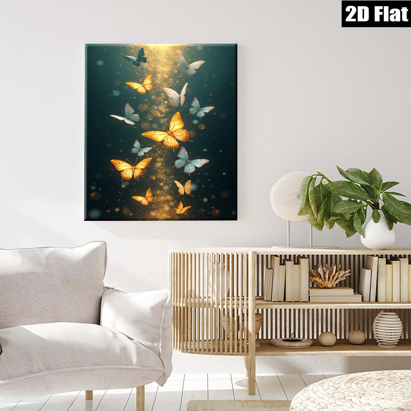 2D flat 1pc Golden Butterfly Flight Wall Art Decor for Living Room Bedroom Modern Farmhouse Aesthetic Gallery Wrapped Canvas Prints Ready to Hang