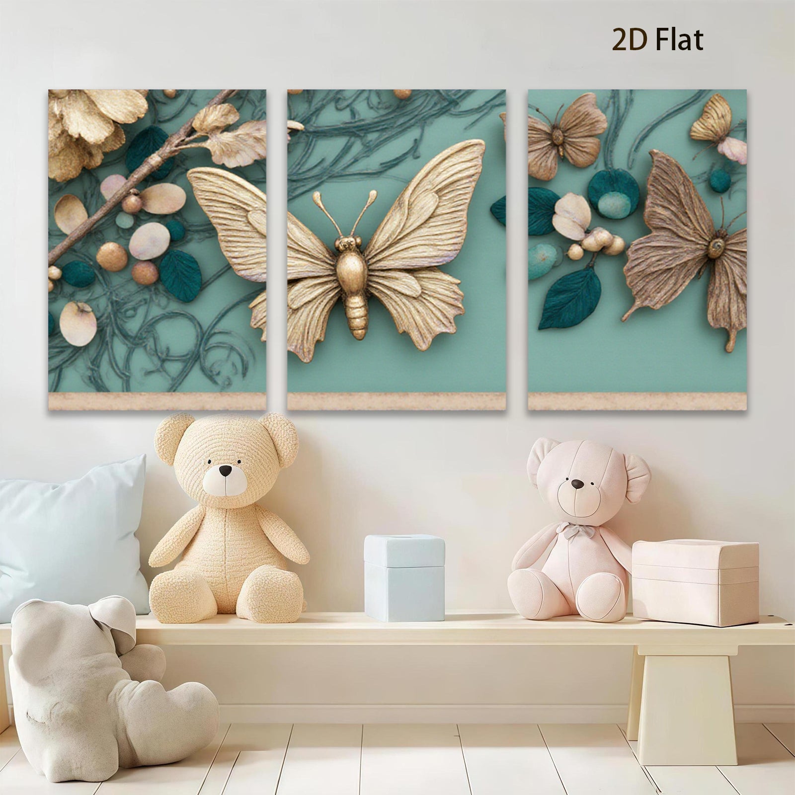 2D flat 1pc Golden Butterfly Floral Wall Art Decor Living Room Bedroom Home Decor Farmhouse Style Gallery Wrapped Canvas Prints Modern Aesthetic