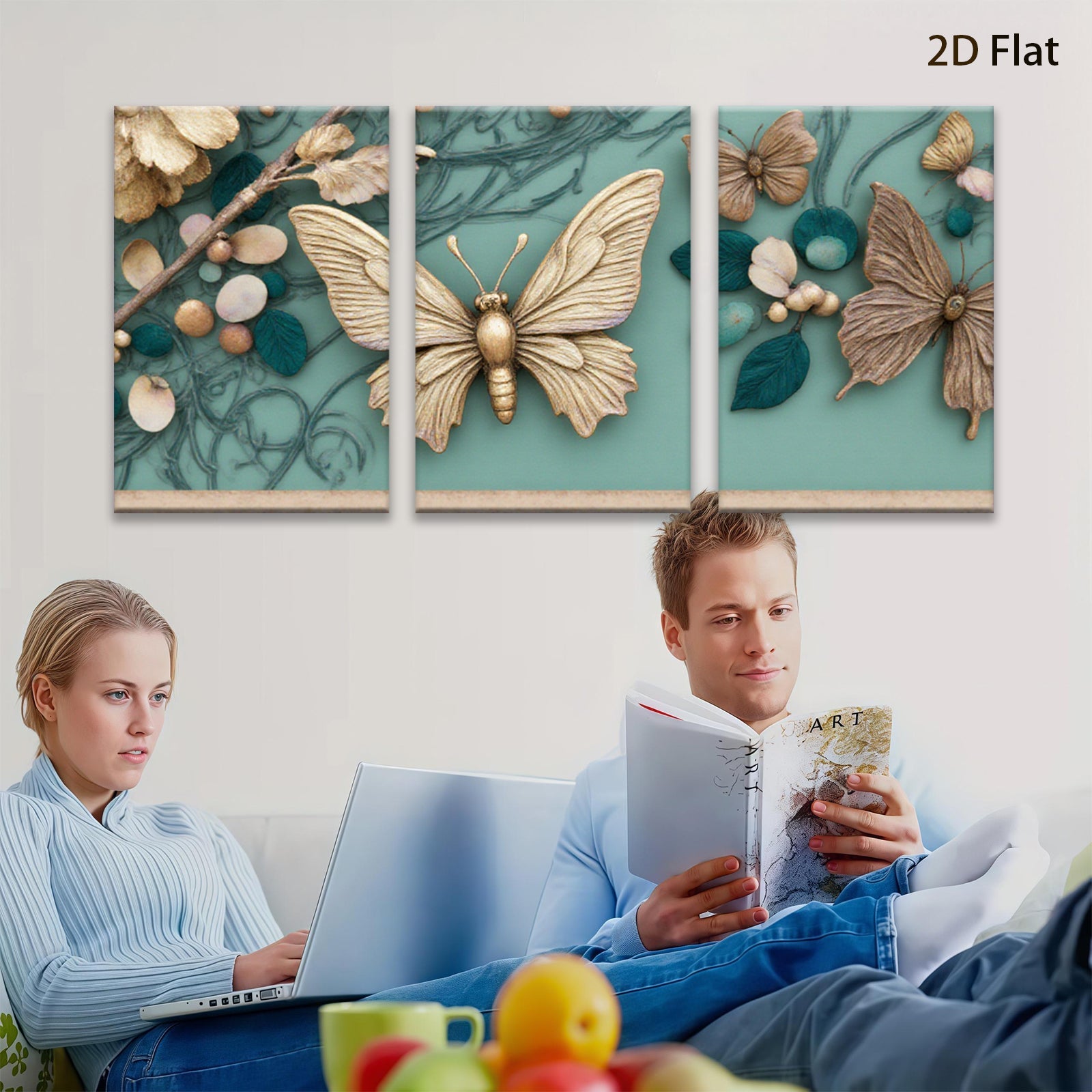 2D flat 1pc Golden Butterfly Floral Wall Art Decor Living Room Bedroom Home Decor Farmhouse Style Gallery Wrapped Canvas Prints Modern Aesthetic