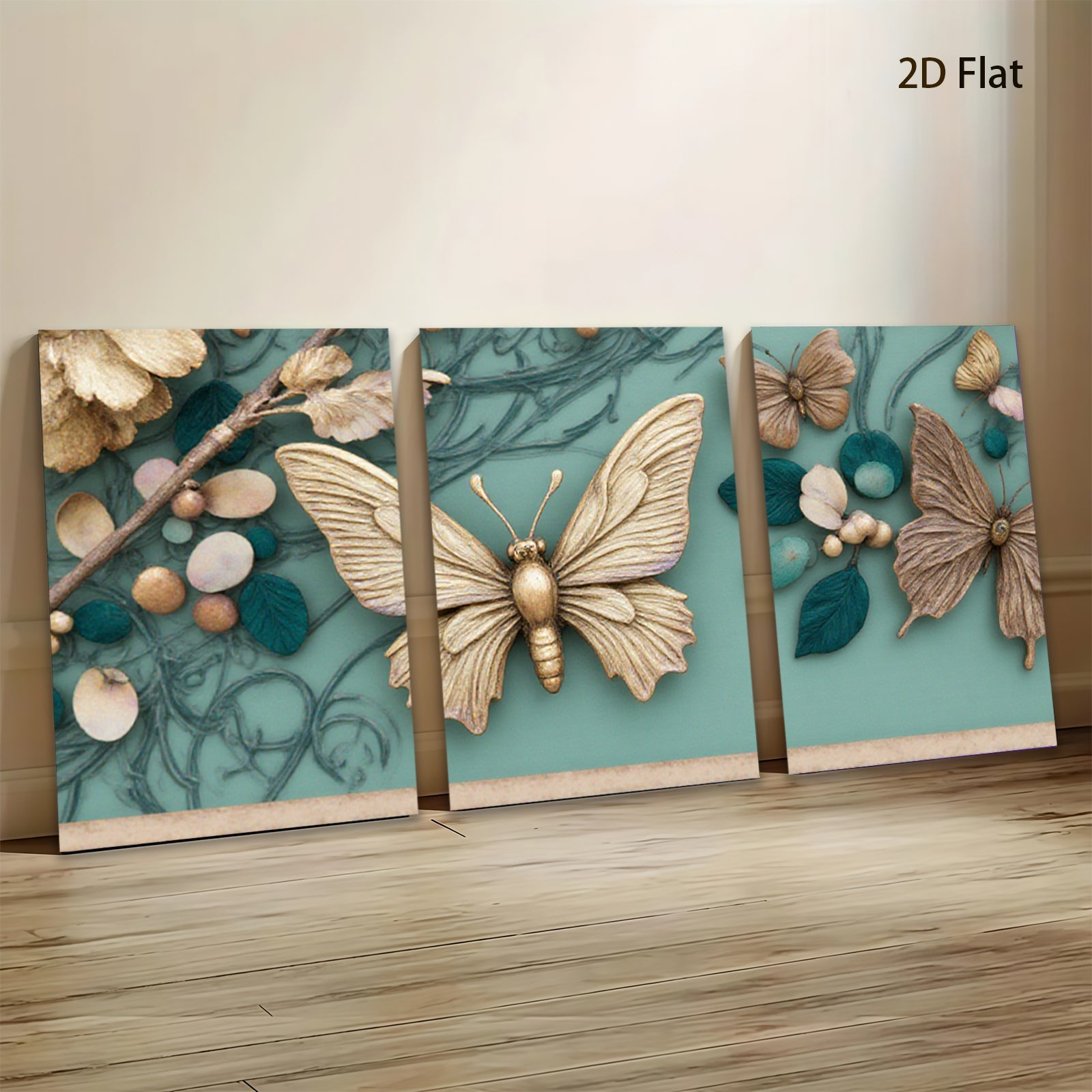 2D flat 1pc Golden Butterfly Floral Wall Art Decor Living Room Bedroom Home Decor Farmhouse Style Gallery Wrapped Canvas Prints Modern Aesthetic