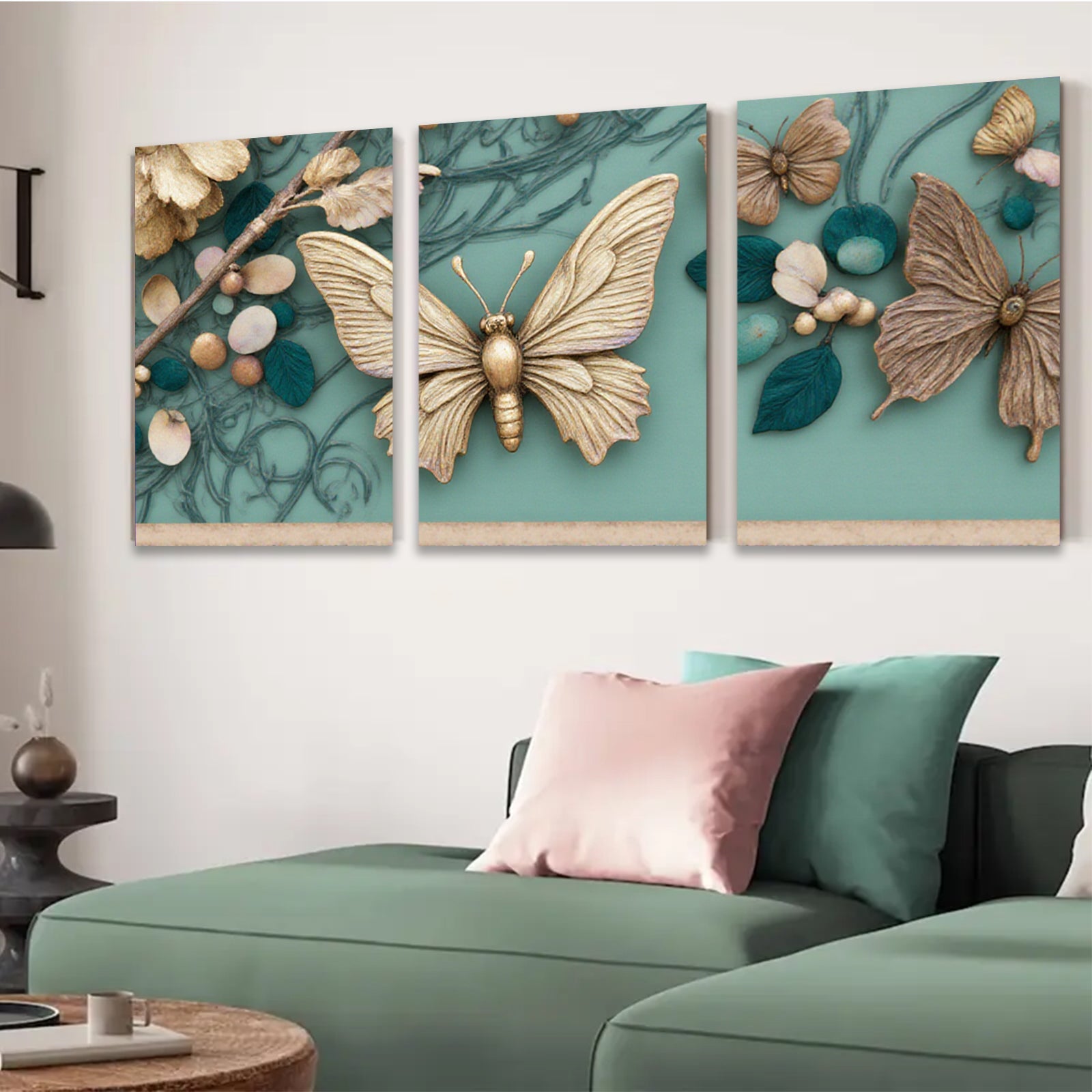 2D flat 1pc Golden Butterfly Floral Wall Art Decor Living Room Bedroom Home Decor Farmhouse Style Gallery Wrapped Canvas Prints Modern Aesthetic