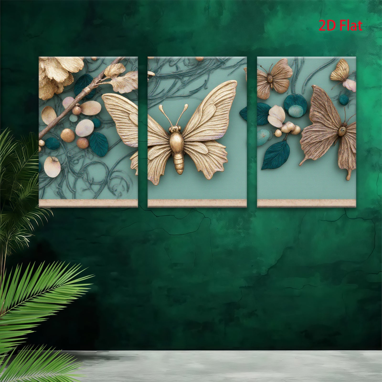 2D flat 1pc Golden Butterfly Floral Wall Art Decor Living Room Bedroom Home Decor Farmhouse Style Gallery Wrapped Canvas Prints Modern Aesthetic