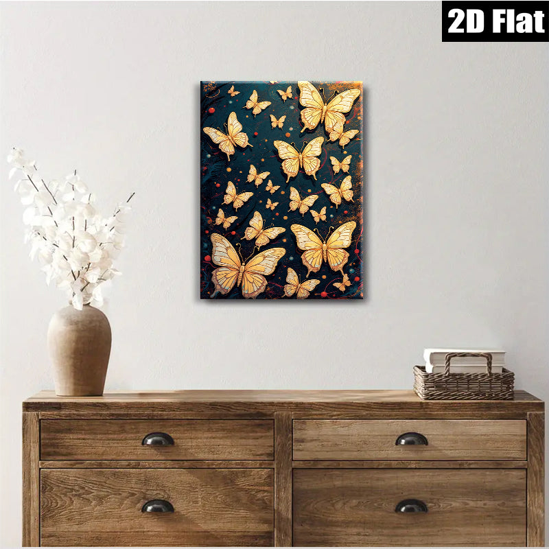 2D flat 1pc Golden Butterfly Swarm Wall Art for Living Room Bedroom Decor Gallery Wrapped Canvas Prints Modern Farmhouse Style Teal Accents