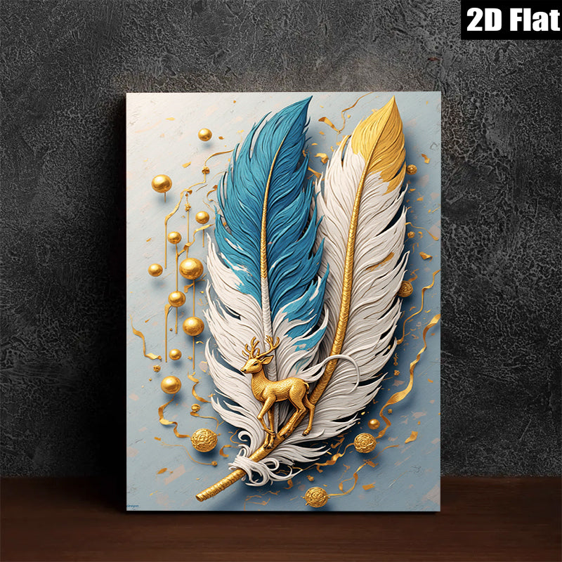 2D flat 1pc Golden Deer Feather Wall Art Canvas Prints for Living Room Bedroom Home Decor Modern Farmhouse Aesthetic Gallery Wrapped Ready to Hang