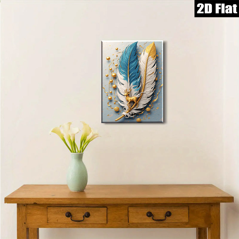 2D flat 1pc Golden Deer Feather Wall Art Canvas Prints for Living Room Bedroom Home Decor Modern Farmhouse Aesthetic Gallery Wrapped Ready to Hang