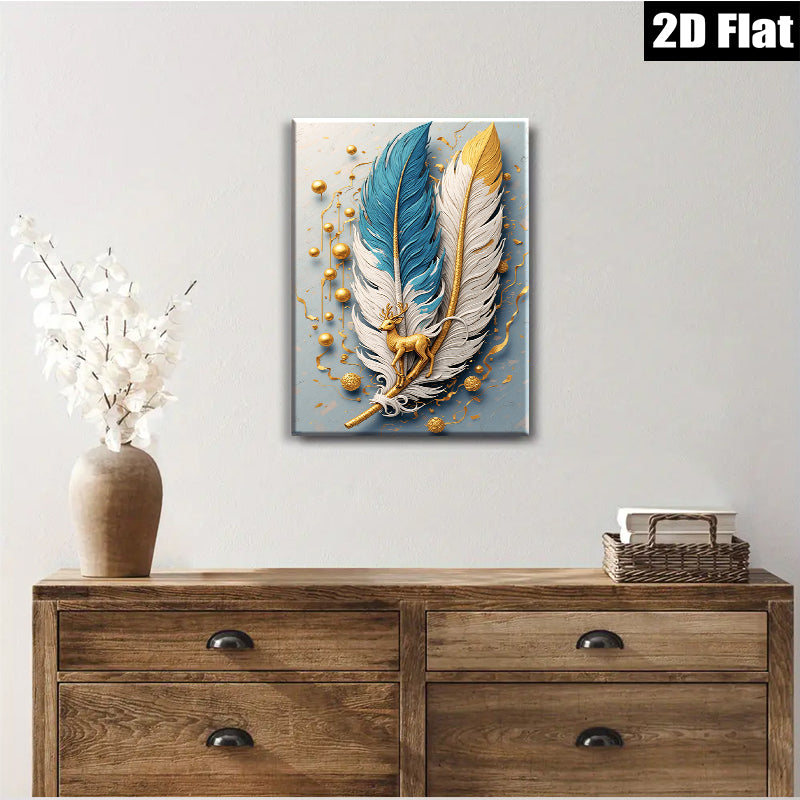 2D flat 1pc Golden Deer Feather Wall Art Canvas Prints for Living Room Bedroom Home Decor Modern Farmhouse Aesthetic Gallery Wrapped Ready to Hang