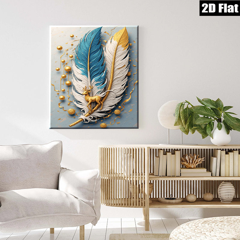 2D flat 1pc Golden Deer Feather Wall Art Canvas Prints for Living Room Bedroom Home Decor Modern Farmhouse Aesthetic Gallery Wrapped Ready to Hang