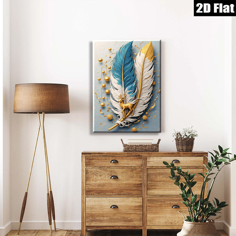 2D flat 1pc Golden Deer Feather Wall Art Canvas Prints for Living Room Bedroom Home Decor Modern Farmhouse Aesthetic Gallery Wrapped Ready to Hang