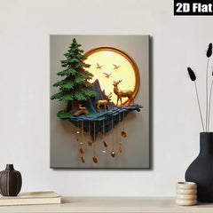 2D flat 1pc Golden Deer Forest Wall Art Nature Landscape Painting Canvas Prints for Living Room Bedroom Home Decor Farmhouse Style Wall Decor